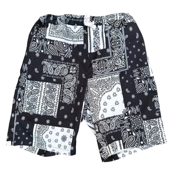 Mens Elastic Waist Paisley Bandana Print Black & White Cotton Shorts Size L - Picture 1 of 4